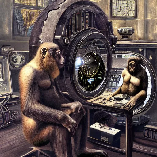 Image similar to Steam computer in ancient time surrounded by apes, highly detailed, highly realistic, artstation, by Hans Giger