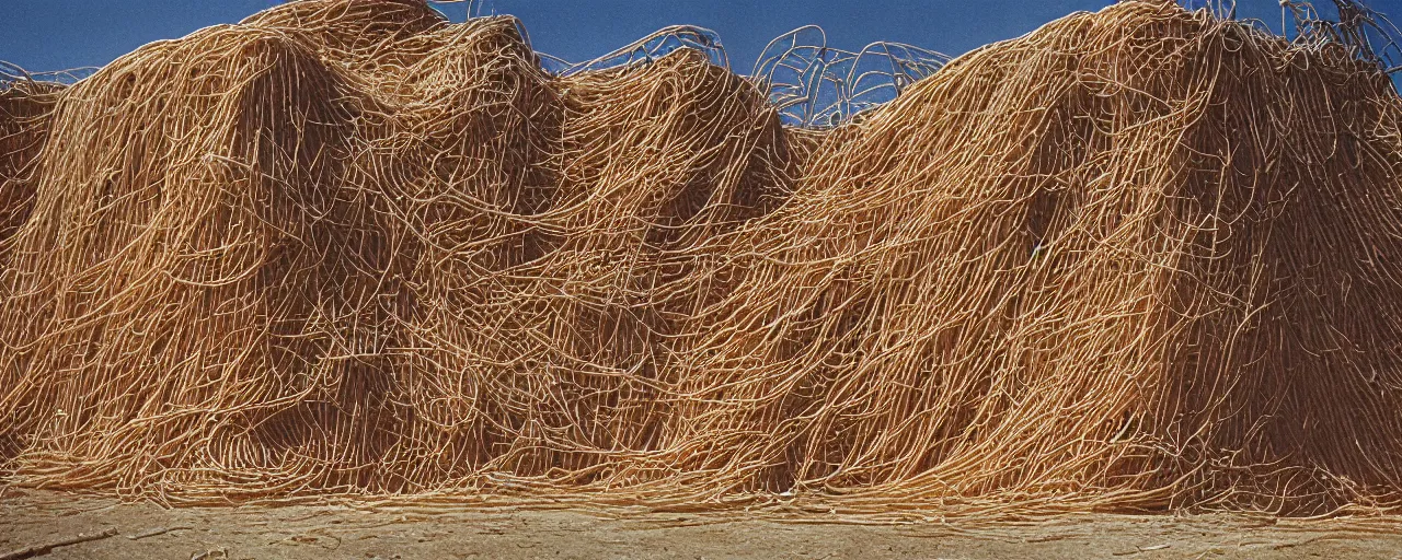 Image similar to spaghetti overflowing an ancient mesopotamian ziggurat, architectural, minimal, canon 5 0 mm, wes anderson film, kodachrome