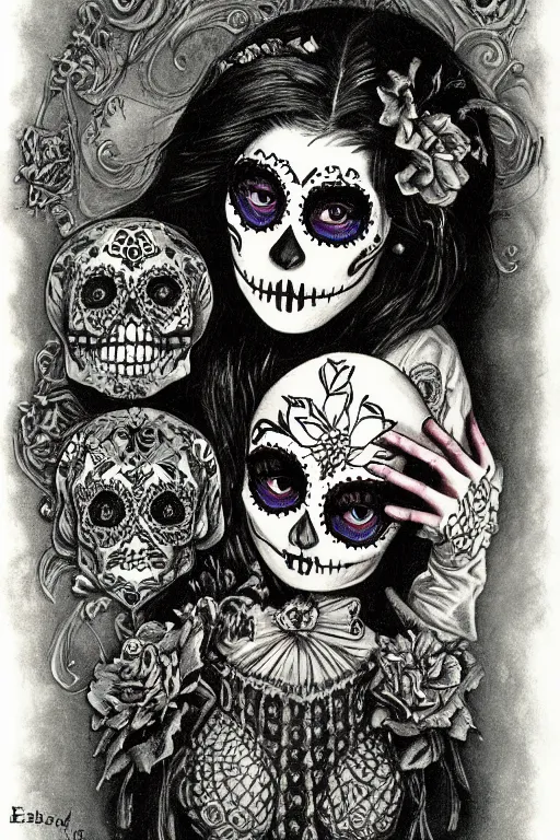 Image similar to Illustration of a sugar skull day of the dead girl, art by edward robert hughes