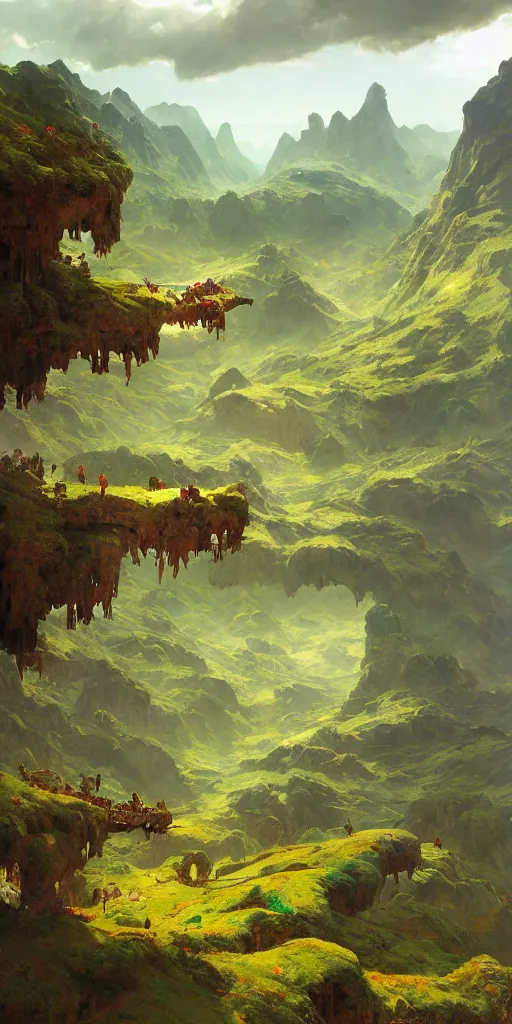 Prompt: sky is land lush green landscape villages castles buildings inverted upsidedown mountain range from the sky fantasy surreal good composition artstation illustration sharp focus sunlit vista painted by ruan jia raymond swanland lawrence alma tadema zdzislaw beksinski norman rockwell tom lovell alex malveda greg staples