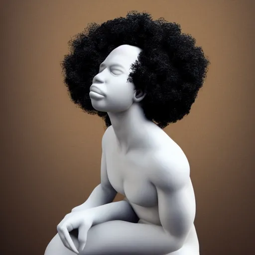 Image similar to a photorealistic all white marble sculpture of a black girl with an afro crying