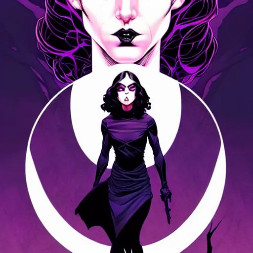 Image similar to rafael albuquerque comic cover art, artgerm, joshua middleton, pretty stella maeve witch doing black magic, serious look, purple dress, symmetrical eyes, symmetrical face, long black hair, twisted evil dark forest in the background, cool colors