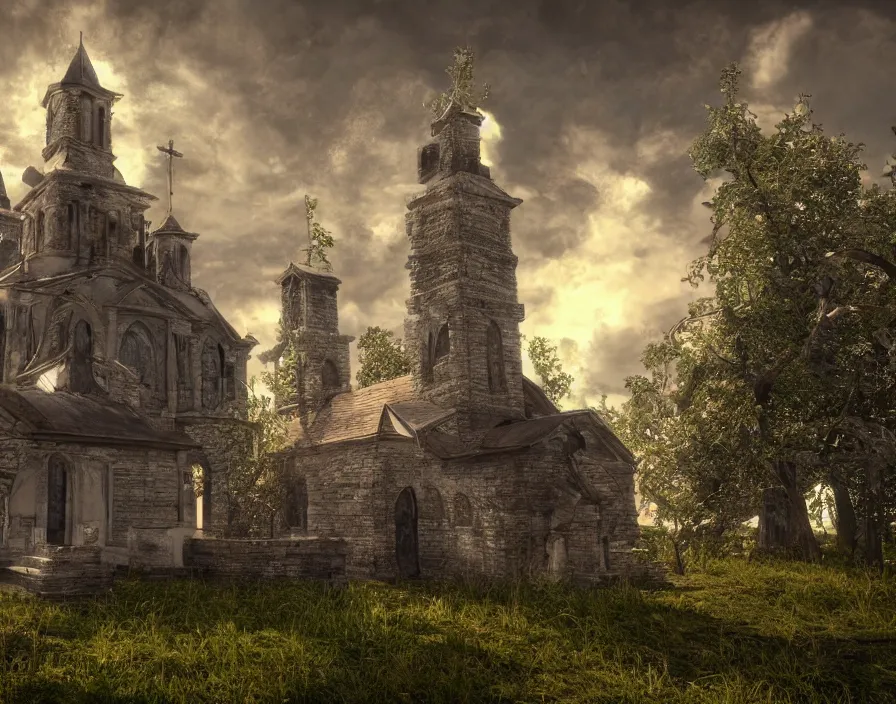 Image similar to old cristian church with abstract energy ball, realistic, beautiful texture, beautiful graphics, fantasy artwork, very beautiful scenery, hd, hdr, ue 5, ue 6, unreal engine 5, cinematic 4 k wallpaper, 8 k, ultra detailed