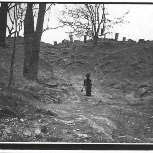 Image similar to old photo of a creepy landscape, creepy figure in the distance