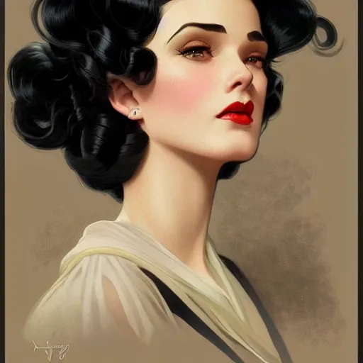 Image similar to a woman with black hair, dressed in 1940's fashion, D&D, fantasy, intricate, elegant, highly detailed, digital painting, artstation, concept art, matte, sharp focus, illustration, art by Artgerm and Greg Rutkowski and Alphonse Mucha