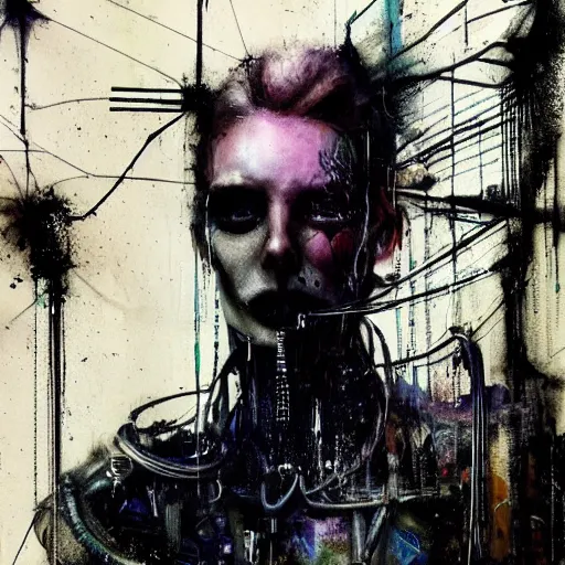 Image similar to a cyberpunk gothic noir detective, skulls, wires cybernetic implants, machine noir grimcore in cyberspace photoreal, atmospheric by jeremy mann francis bacon and agnes cecile, ink drips paint smears digital glitches