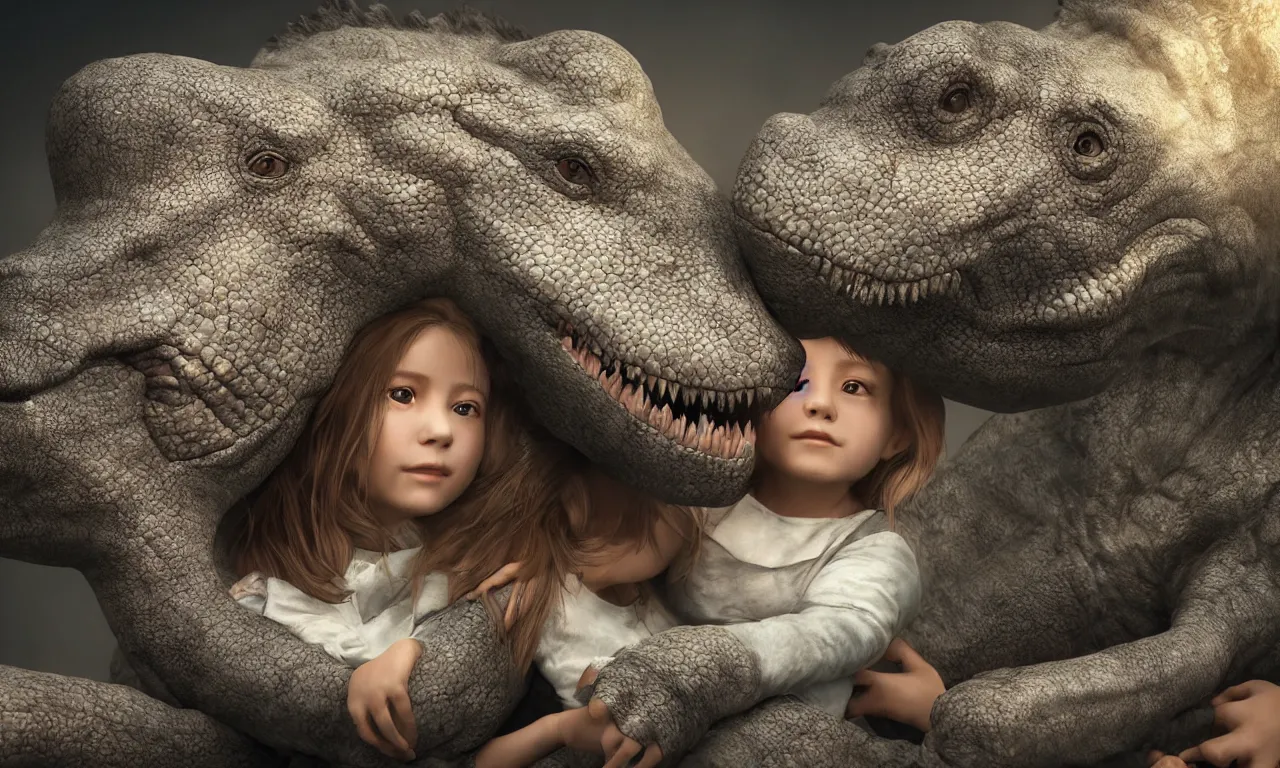 Image similar to portrait of a little girl cuddling with her beloved tyrannosaurus, very high detail, raytracing, back light, raymarching, by ilm, by digital domain, by weta digital