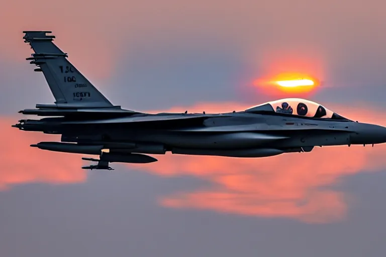 Image similar to photo of an f16 fighter jet in fligh, launching missles, sunset lighting, photography