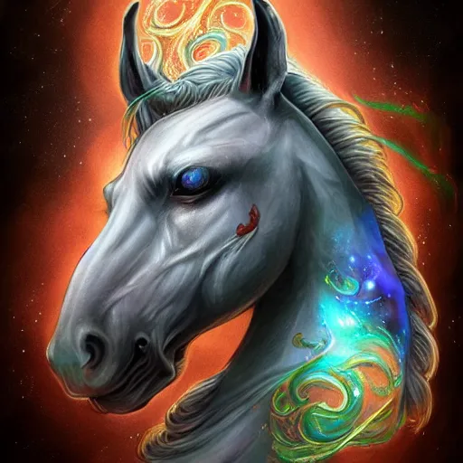 Image similar to a wlop 3 d render of very very very very highly detailed beautiful mystic portrait of a phantom undead horse with whirling galaxy around, tattoos by anton pieck, intricate, extremely detailed, digital painting, artstation, concept art, smooth, sharp focus, illustration, intimidating lighting, incredible art,