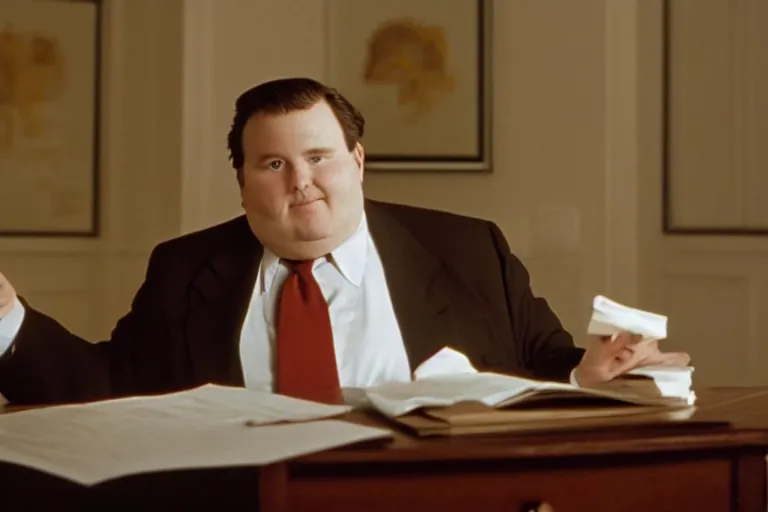 Image similar to cinematic film still from 1994 film: portly clean-shaven white man wearing suit and necktie at his desk, holding his left up in the air, XF IQ4, f/1.4, ISO 200, 1/160s, 8K, RAW, dramatic lighting, symmetrical balance, in-frame