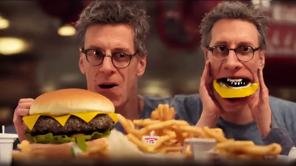 Image similar to the strange creature eats a cheeseburger, at the fast food restaurant, television commercial, directed by david cronenberg studio lighting, extremely professional