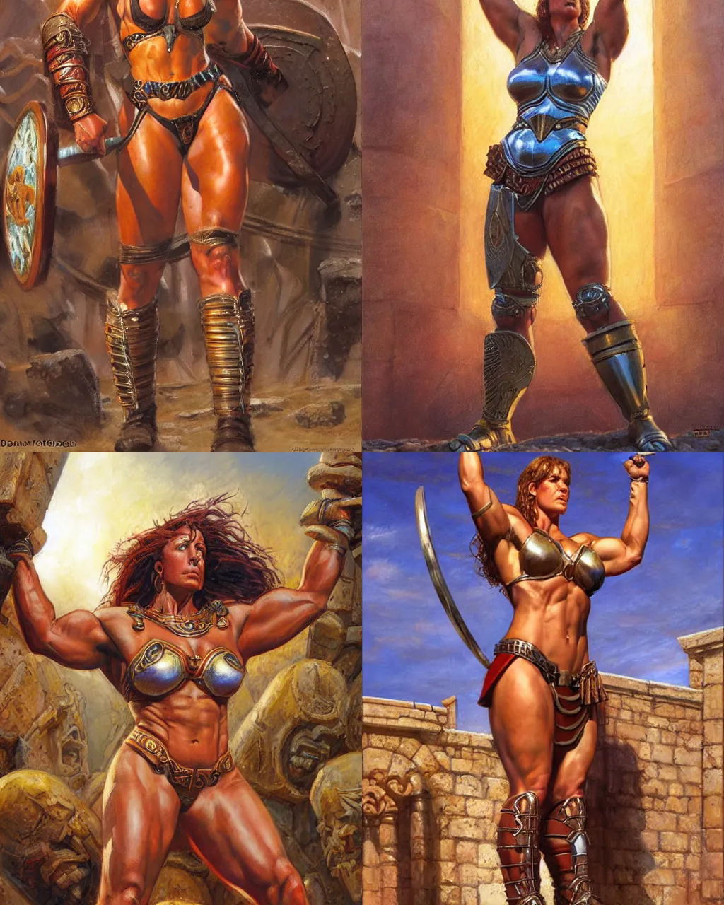 Prompt: large and strong female gladiator standing in the arena, muscular and mighty, low angle, sunshafts, by donato giancola and ralph horsley