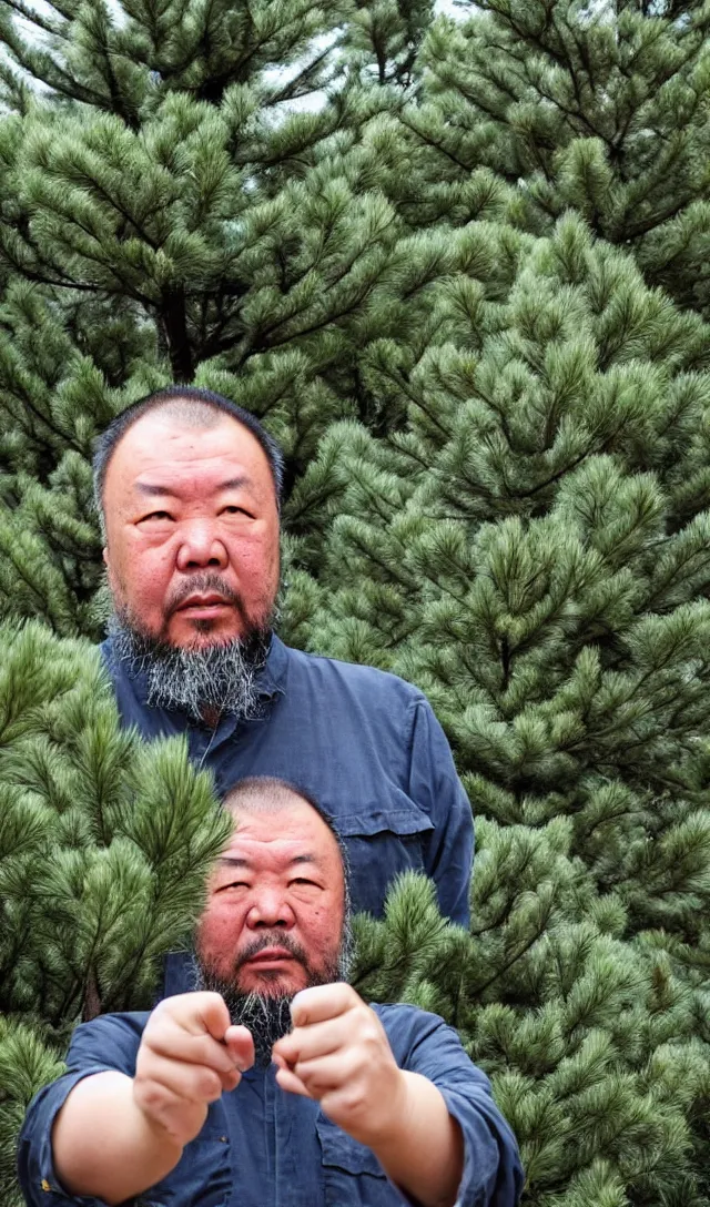 Image similar to Ai Weiwei looking angry into the camera showing his middle finger, blue soft light, a green pine tree in the background, 50 mm