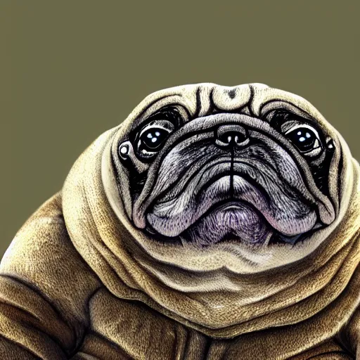 Image similar to A tardigrade with the eyes and mouth of a pug, national geographic-file-photograph, paywall-content, premium-award-winning, trending on artstation