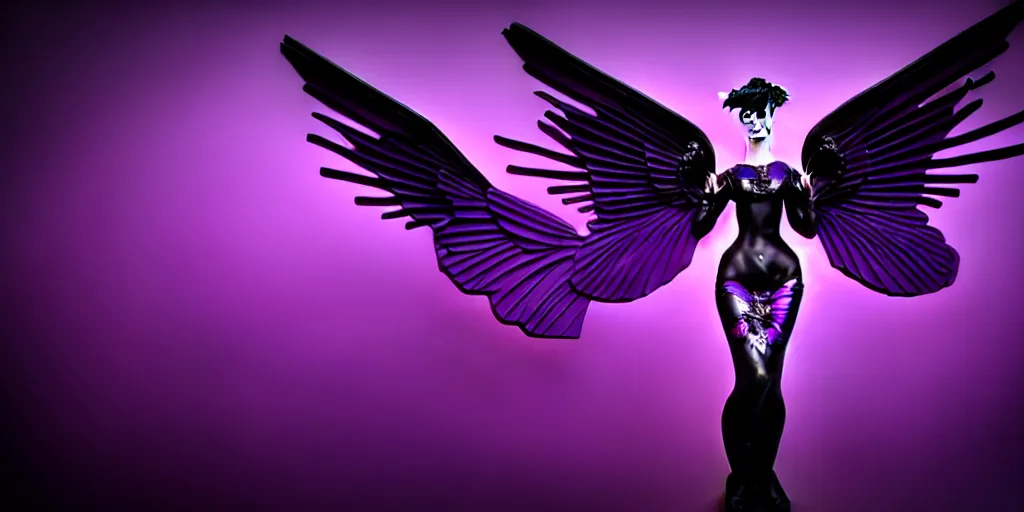 Image similar to a beautiful purple and black 3 d geometrically printed mannequin with angel wings!! in the style of a geisha demon, chrome roses!! dripping black iridescent liquid, winged victory, moody, dramatic, introspective, 4 k, trending on artstation, photorealistic, volumetric lighting, octane render, tarot card with ornate border frame h - 1 0 2 4