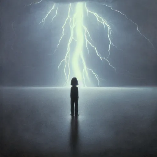 Image similar to killua zoldyck made by zdzisław beksinski, thunderstorm, 8 k, detailed, cinematic, rain, crying, black