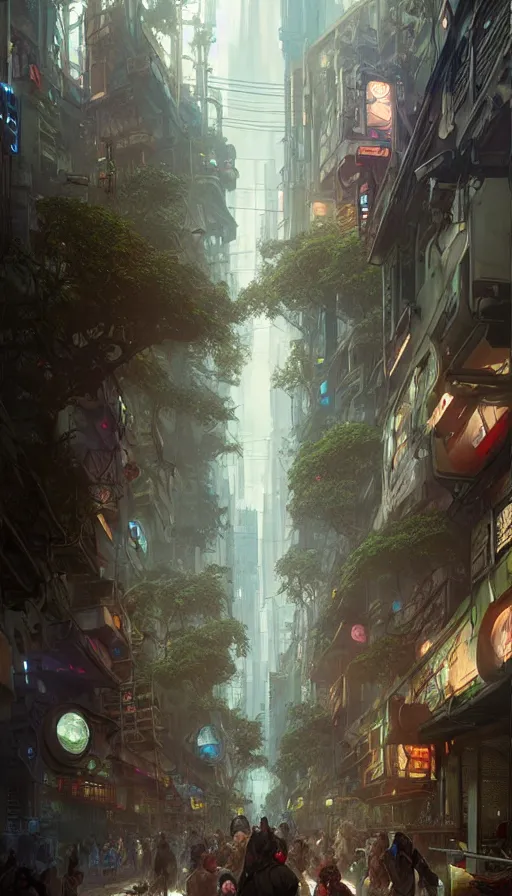 Image similar to hyper realistic cyberpunk city, busy crowded market street overtaken by lush plants, gnarly trees by tom bagshaw, mucha, gaston bussiere, craig mullins, j. c. leyendecker 8 k