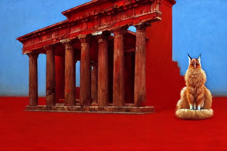 Prompt: only with red, a red cute fluffy caracal, ancient greek temple, marble columns, in the style of beksinski, parts by edward hopper, parts by rodcenko, parts by yue minjun, intricate and epic composition, red by caravaggio, insanely quality, highly detailed, masterpiece, red light, artstation, 4 k