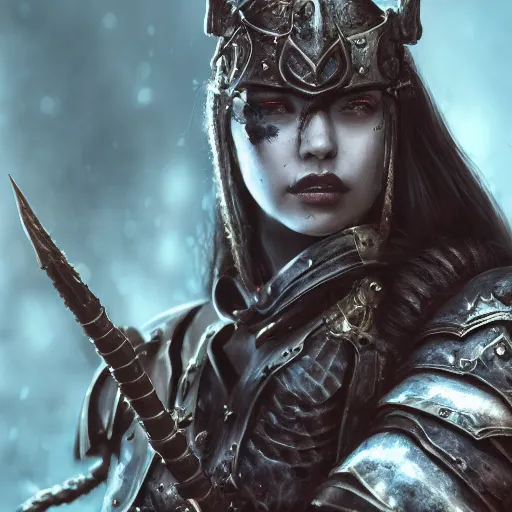 Image similar to fantasy portrait of a determined female warrior in heavy armour inspired by warhammer fantasy and diablo, long hair, scarred eye, earrings, highly detailed, trending on artstation, 4k, octane render, unreal engine,