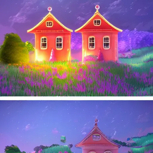 Image similar to beautiful 3 d painting of a colourful house on a hilltop at midnight with small fireflies flying around, in the style of studio ghibli, artstation, unreal engine