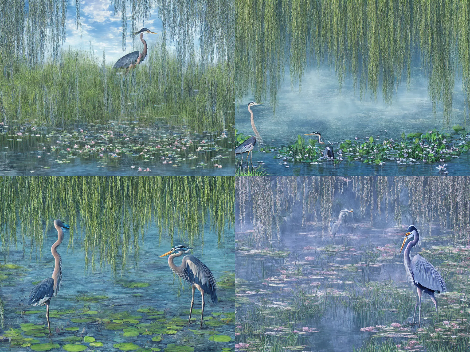 Prompt: a majestic blue heron in shallow river with waterfalls in distance, lake surrounded by beautiful willow and cherry blosom trees, lily pads, bullrushes, marsh, puffy clouds, morning dawn, highly detailed digital art, sylized, featured on artstation