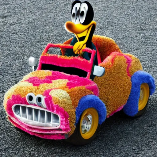 Image similar to A goofy car with a furry carpet outside