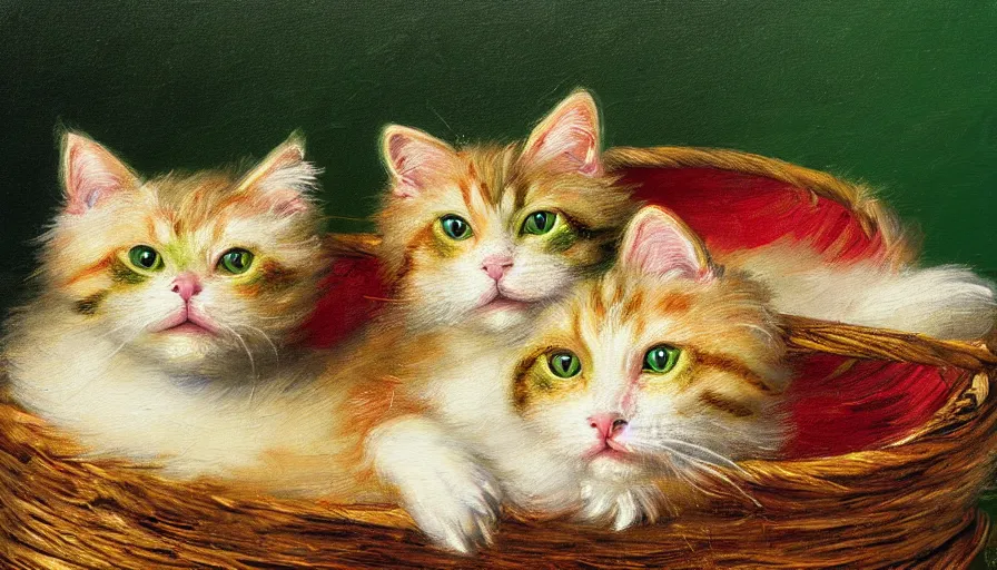 Image similar to highly detailed painting of green and red furry cats cuddling in a basket by william turner, thick brush strokes and visible paint layers, 4 k resolution