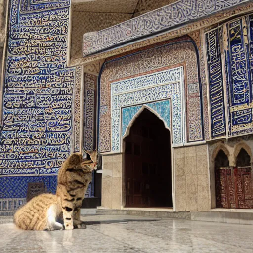 Image similar to A giant cat sitting next to a mosque in Istanbul, daytime, photorealistic, 4K, HD, award winning