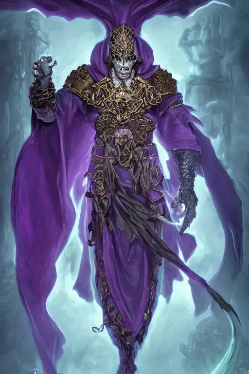 Image similar to portrait of hulking herculean ainz ooal gown undead lich, from overlord, warlock purple robes, magical electricity, upper body, fantasy, intricate, elegant, highly detailed, digital painting, artstation, concept art, sharp focus, illustration, art by artgerm and greg rutkowski and alphonse mucha