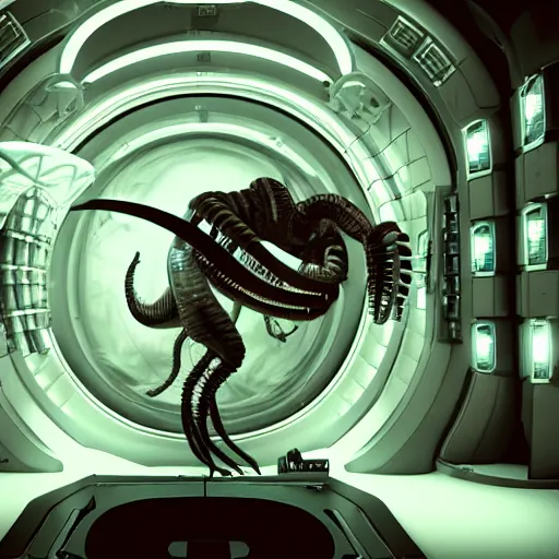 Prompt: xenomorph inside a space station, unreal, cinema 4d render, Ray tracing reflection, natural lighting, Cinematic shot