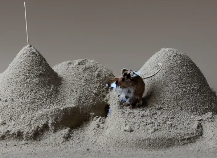 Image similar to wide dslr photo still of a mouse inside a perfect sandcastle, 8 k, 8 5 mm f 1. 4