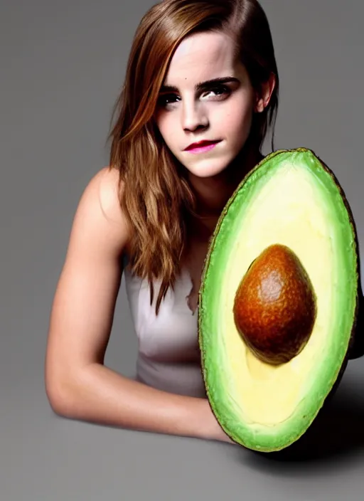 Image similar to emma watson inside an avocado, high quality photography