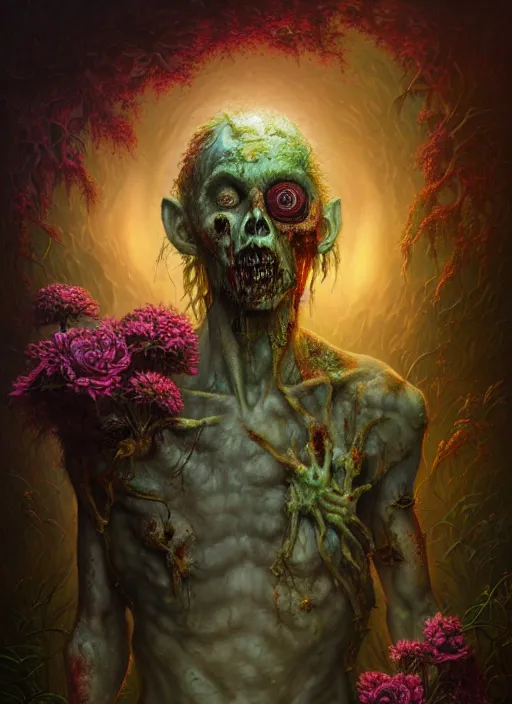 Image similar to zombie with flowers sprouting out of his body, in the style of tomasz alen kopera and fenghua zhong and peter mohrbacher, mystical colors, rim light, beautiful lighting, 8 k, stunning scene, raytracing, octane, trending on artstation