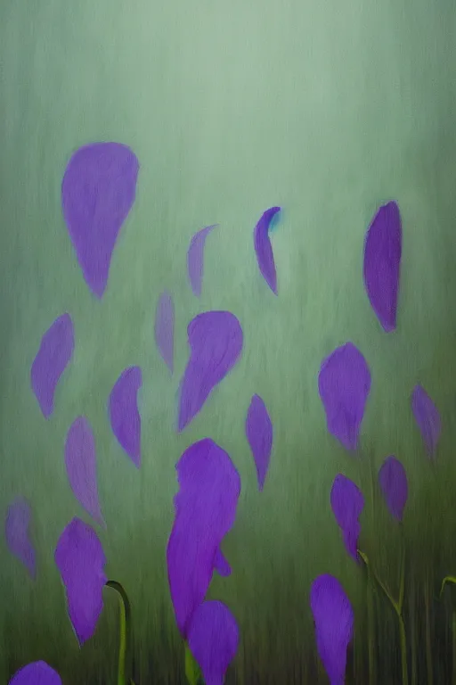 Image similar to moody painting of purple morning glory flowers growing in a forest dimly lit by morning light. muted colour palette painting painting by jamie hewlett