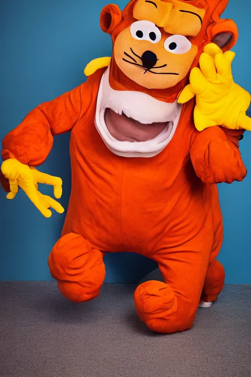 Prompt: portrait of Jacksfilms dressed in Garfield costume, cosplay photograph,