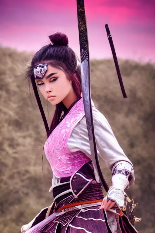 Image similar to highly detailed beautiful photo of madison beer as a young female samurai, practising sword stances, symmetrical face, beautiful eyes, pink hair, realistic anime art style, 8 k, award winning photo, pastels colours, action photography, 1 / 1 2 5 shutter speed, sunrise lighting