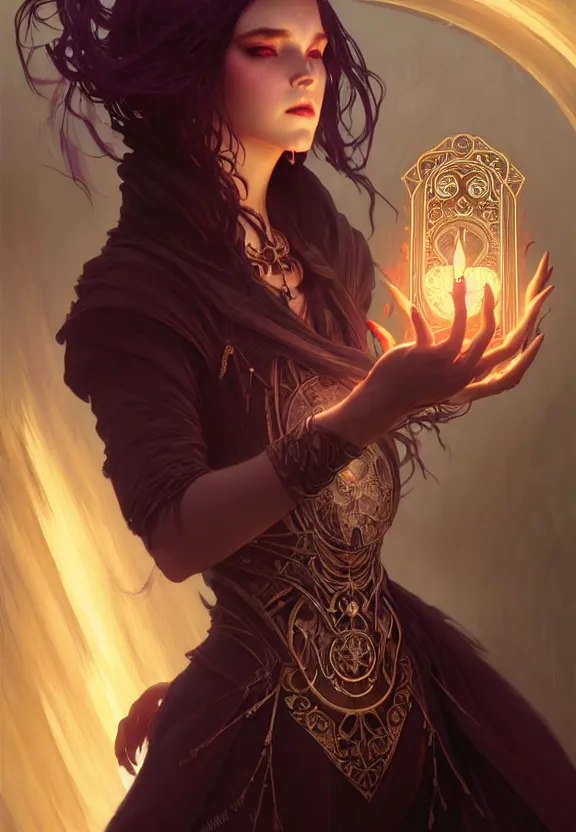 Image similar to Necromancer Sorceress in center, fantasy magic, undercut hairstyle, dark light night, intricate, elegant, sharp focus, illustration, highly detailed, digital painting, concept art, matte, art by WLOP and Artgerm and Greg Rutkowski and Alphonse Mucha, masterpiece