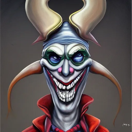 Image similar to beautiful painting of the jester mushroom joker god in the style of Welder Wings and H. R. Giger. Dark background, detailed, trending on Artstation