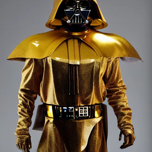 Image similar to A still of a golden Darth Vader suit, studio image,