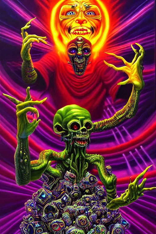 Image similar to a hyperrealistic painting of an epic boss fight against an ornate supreme telekinetic psychic dark overlord, cinematic horror by chris cunningham, lisa frank, richard corben, highly detailed, vivid color,