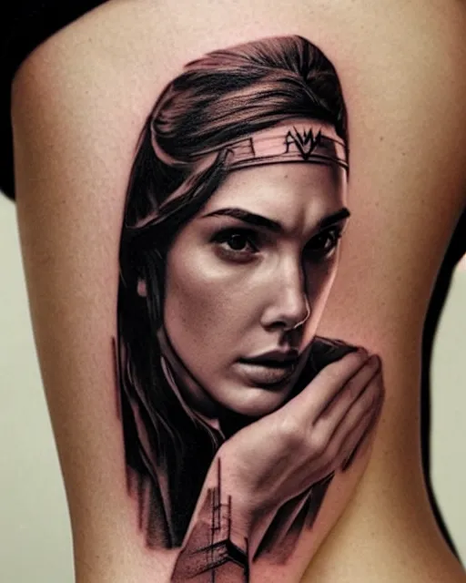 Image similar to creative double exposure effect tattoo design sketch of beautiful gal gadot faded with beautiful mountain scenery, realism tattoo, in the style of matteo pasqualin, amazing detail, sharp