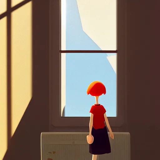 Image similar to goro fujita ilustration girl leaving home with suitcases, through the window you can see the city, warm light, painting by goro fujita, sharp focus, highly detailed, artstation