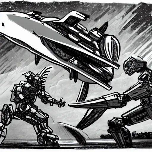 Image similar to a storyboard sketch showing a giant athletic humanoid mecha robot punching a giant humanoid hammerhead shark creature in the head