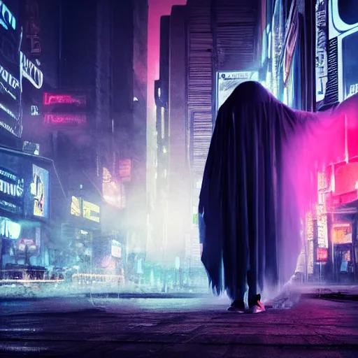 Image similar to Halloween ghost under a sheet, floating ghost, cigarette smoke, floating over futuristic metropolis sidewalk, at night, bright neon city lights, blade runner, trending on artstation, matte finish, volumetric lighting, 8k, 4k