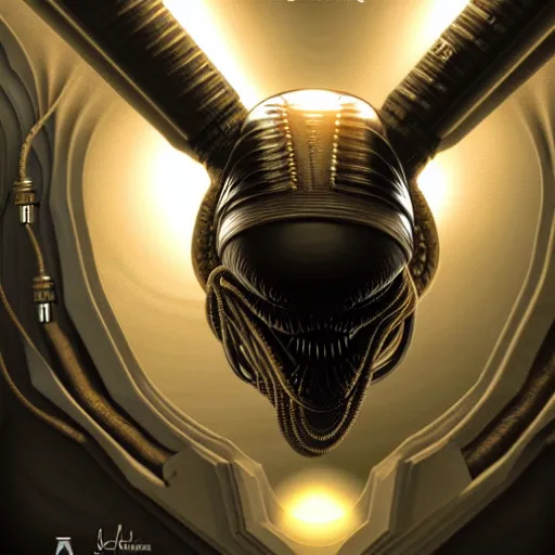 Prompt: alien ,set on H. R. Giger aesthetic, smooth, sharp focus, illustration, realistic, cinematic, artstation, gold, ornate, award winning, original modern artwork, rgb ethereal lighting, 8k