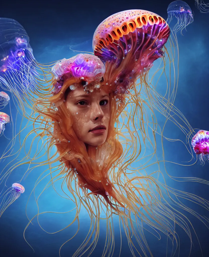 Image similar to close-up portrait of the face of a beautiful princess in a twisted flowers jellyfish mask in a spaceman suit surrounded by energy flow, epic angle and pose, symmetrical artwork, 3d with depth of field, blurred background, floating jellyfish skull phoenix bird, translucent, nautilus, energy flows of water and fire. a highly detailed epic cinematic concept art CG render. made in Maya, Blender and Photoshop, octane render, excellent composition, cinematic dystopian brutalist atmosphere, dynamic dramatic cinematic lighting, aesthetic, very inspirational, arthouse. y Greg Rutkowski, Ilya Kuvshinov, WLOP, Stanley Artgerm Lau, Ruan Jia and Fenghua Zhong