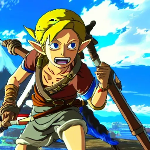 Image similar to a screencap of the legend of zelda breath of the wild, of one piece's luffy in breath of the wild