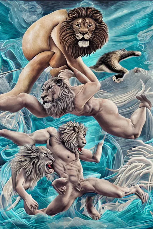 Prompt: hyperreality illustrator from karah mew in collaboration with jennifer mccord and tetsuya nomura, depicting hercules against the cremean lion, this image is very detailed, very realistic, incrinate, boroque, complex, and also very aesthetic, winning an award as the best pop art illustration of this century.