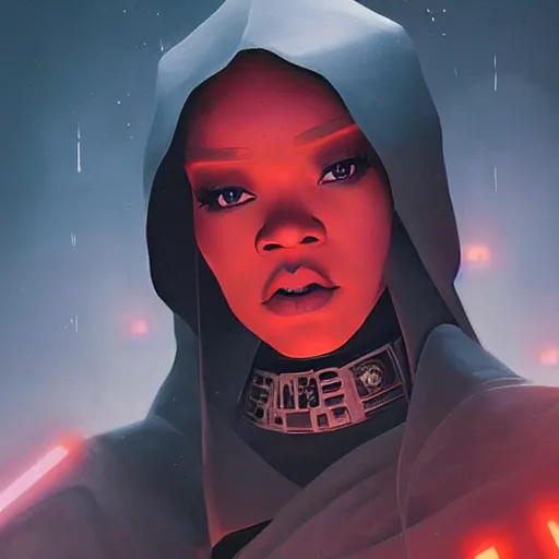 Image similar to star wars sith lord empire Rihanna profile picture by Greg Rutkowski, intricate details, futuristic, volumetric lights, streetwear, studio ghibli, Organic Painting , Matte Painting, geometric shapes, hard edges, trending on the artstation, fantasy LUT, realistic by Sachin Teng + Martin Grip + Moebius + Patrick Gleason, smooth, sharp focus, illustration, techwear, Industrial Scifi, detailed illustration, character portrait,