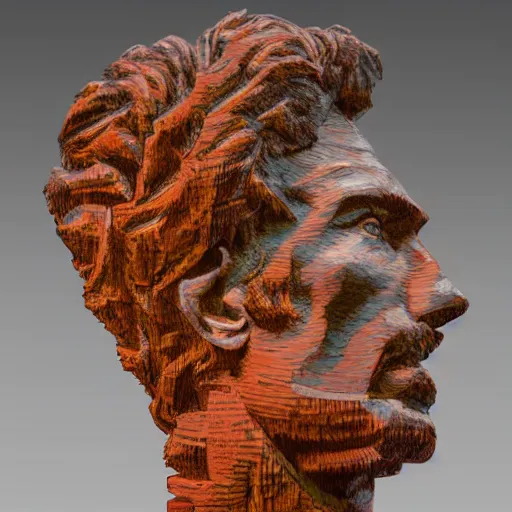 Image similar to accurate sculpture portrait of a bob dylan, symmetrical face, carved out of red oak wood on a pedestal art by vincent van gogh, dramatic lighting, artsy, 8 k